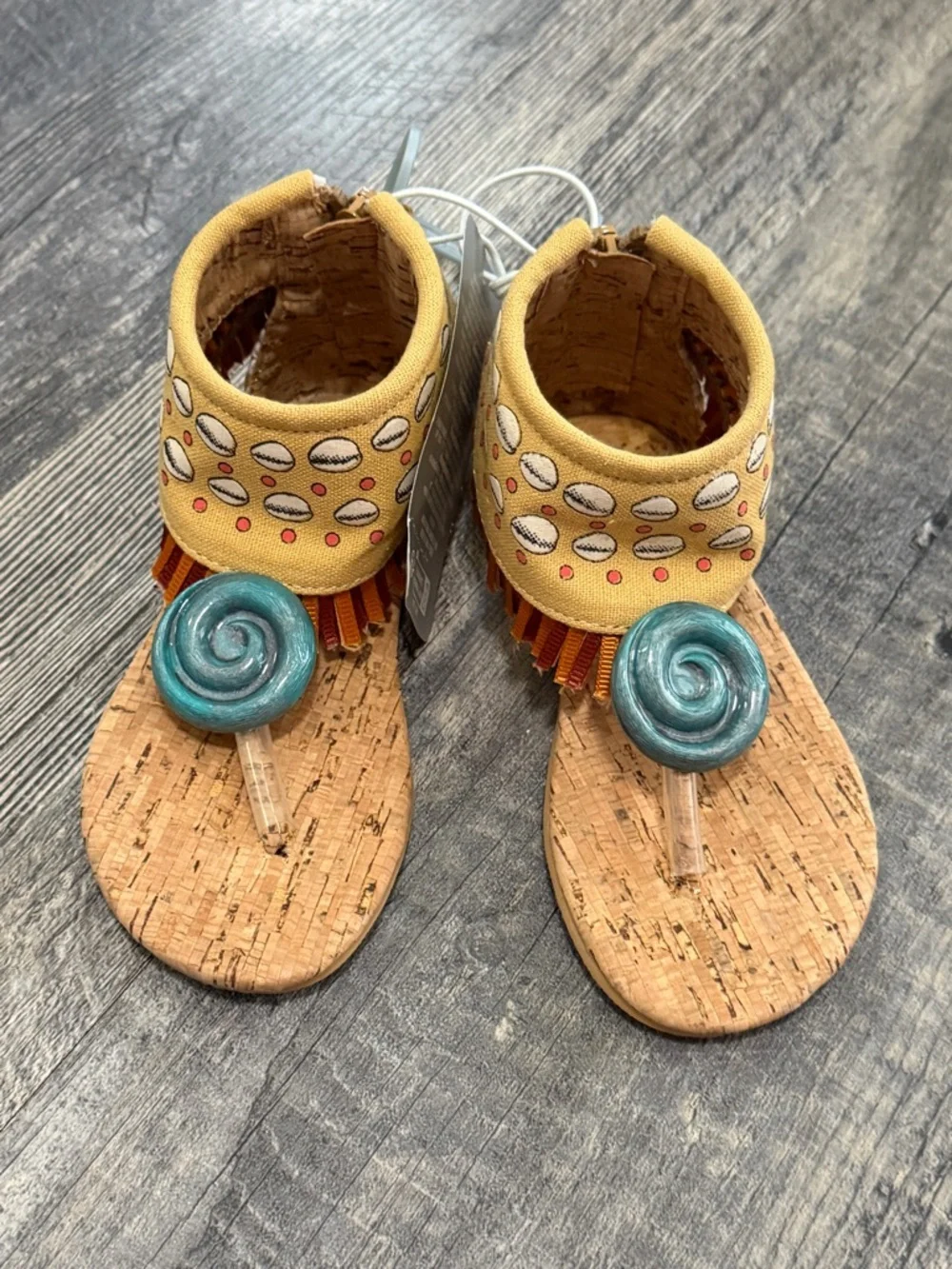 Disney Moana Costume Toddler Sandals Teal Shell Cork Sole Fringe Size 7/8